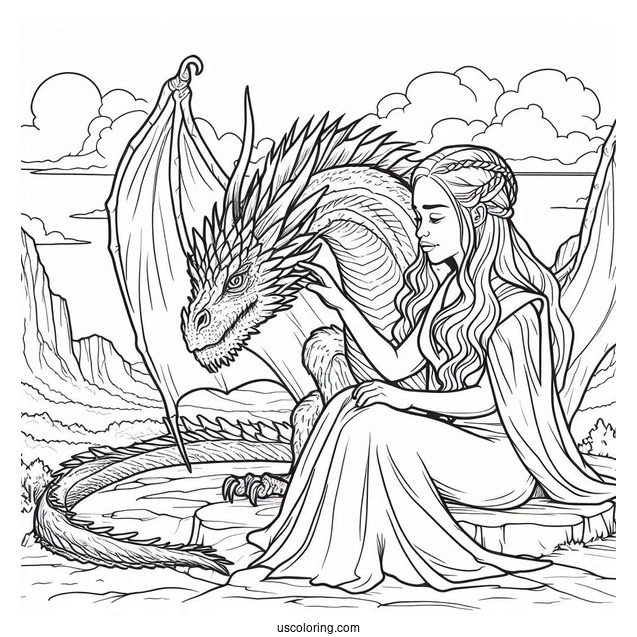Daenerys Targaryen Sitting On A Rock Next To Her Dragon