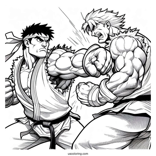 Street Fighter Coloring Page Of Ryu Punching Ken Masters For Kids