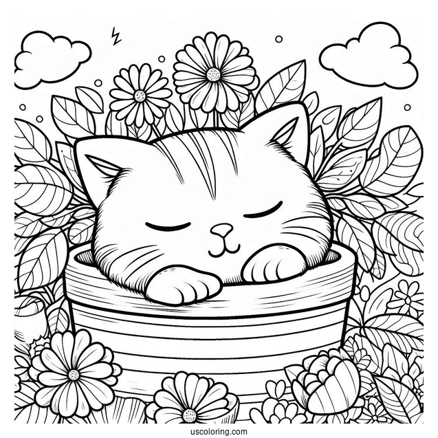 Cat Sleeping Inside Flower Pot Coloring Page
