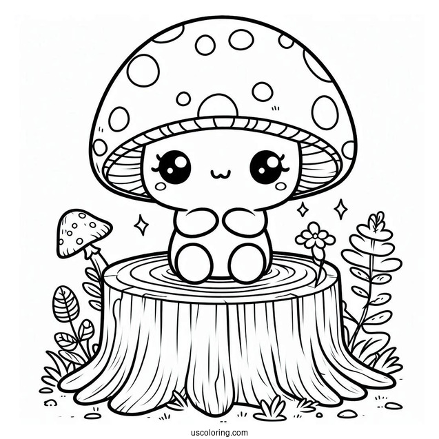 Kawaii Mushroom Coloring Page Sitting On A Tree Stump For Kids
