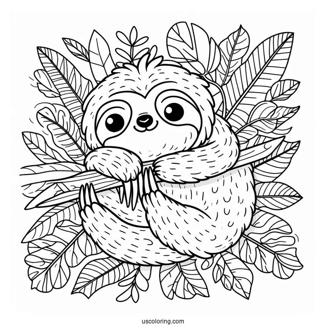 Happy Sloth Sitting On Leaves