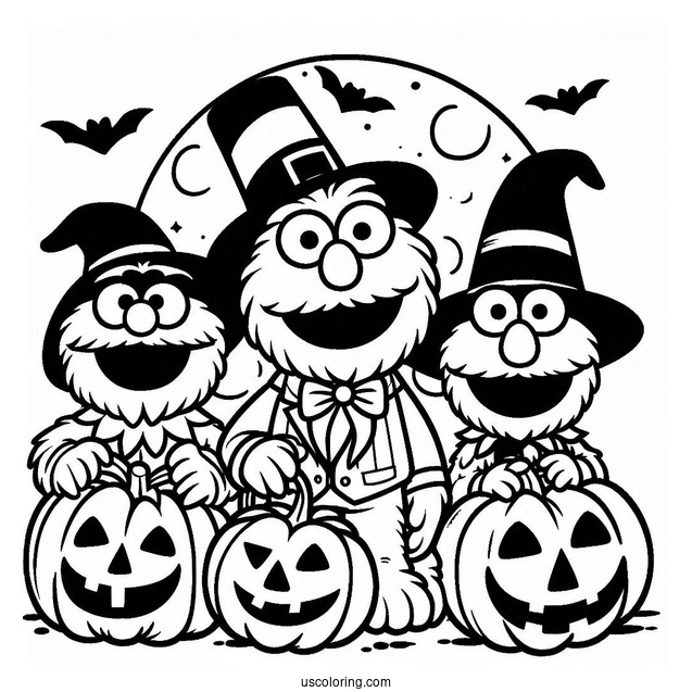 Halloween Sesame Street With Jack-O-Lanterns Coloring Page