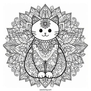 Cat-Shaped Floral Mandala Coloring Page