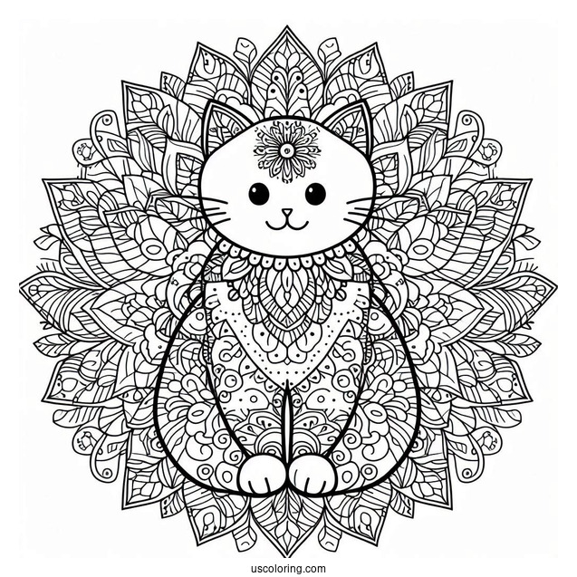 Cat-Shaped Floral Mandala Coloring Page