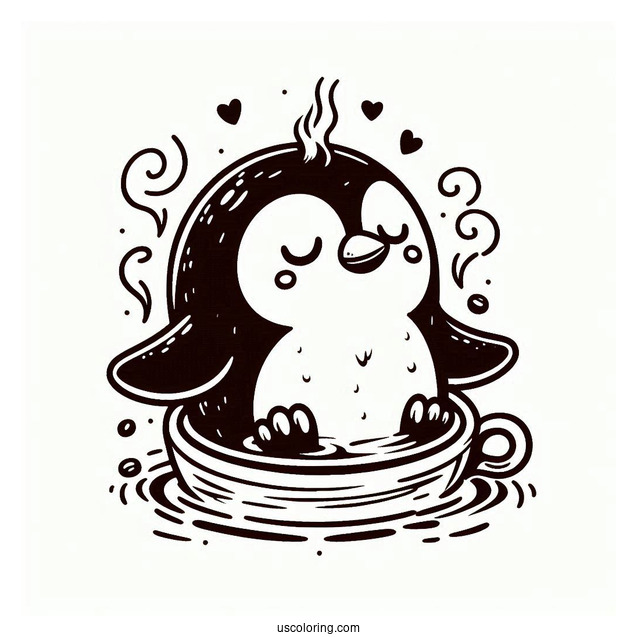 Penguin Bathing In Hot Coffee Coloring Page