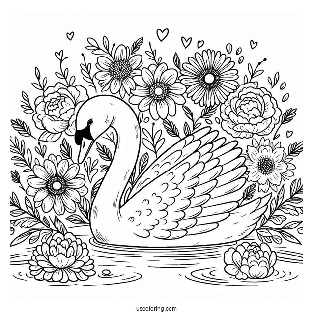 Regal Swan Coloring Page Floating In Pond With Large Flowers