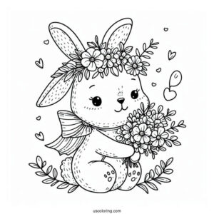 Cute Easter Bunny Coloring Page In Floral Cap Holding Flowers