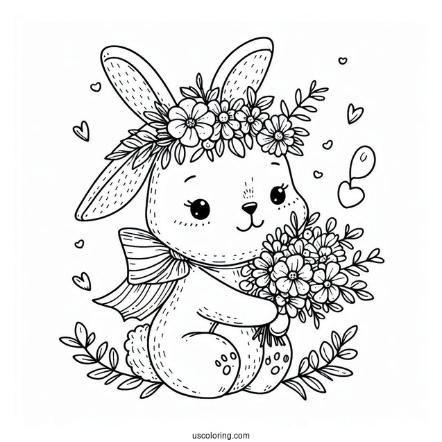Cute Easter Bunny Coloring Page In Floral Cap Holding Flowers