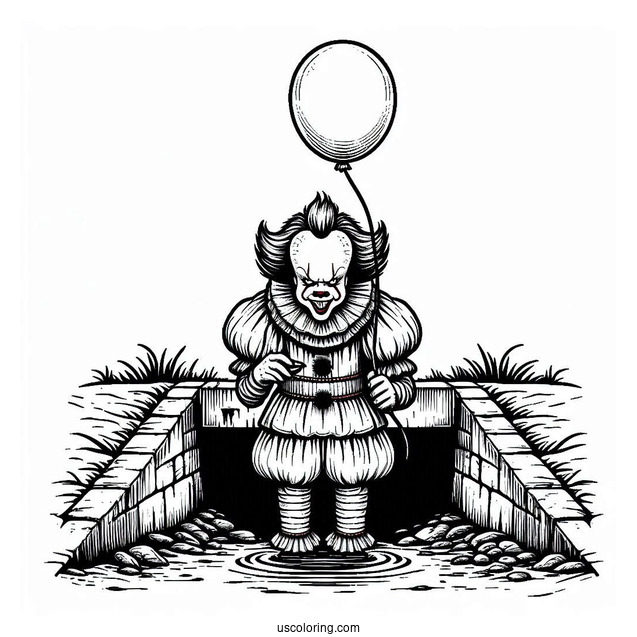 Terrifying Pennywise Coloring Page Holding A Balloon In Front Of A Sewer
