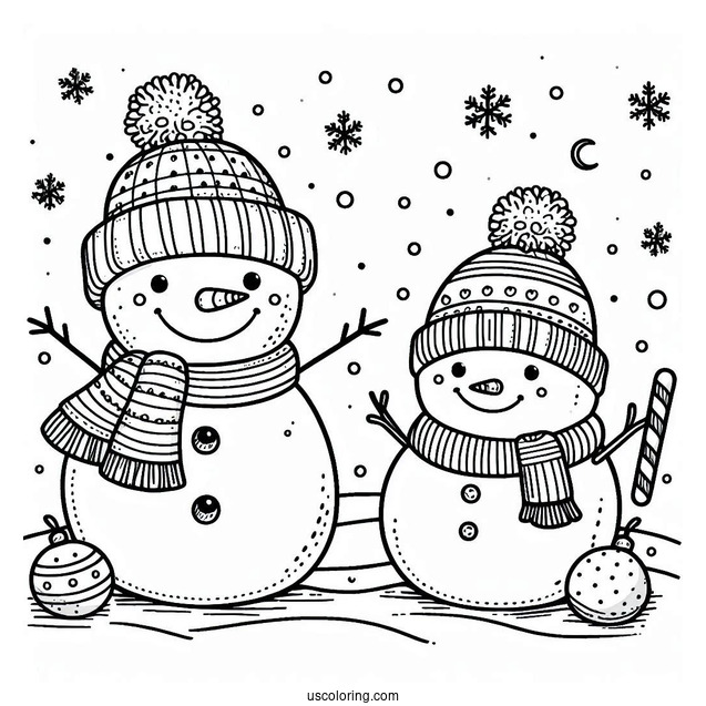 Cheerful Looking Snowmen In The Snow To Color