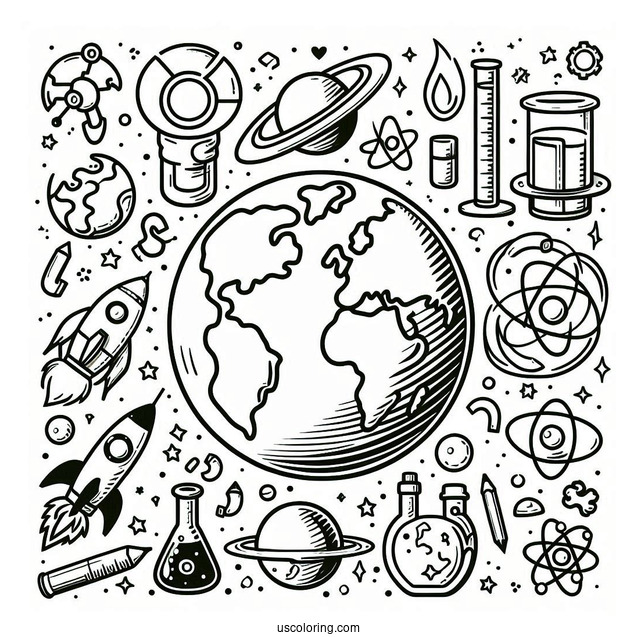 Simple Earth Surrounded By Rockets, Planets, Flasks, And Magnets Science Coloring Page