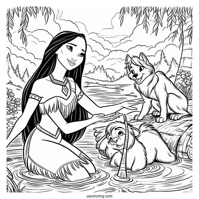 Pocahontas And Meeko In The River Coloring Page