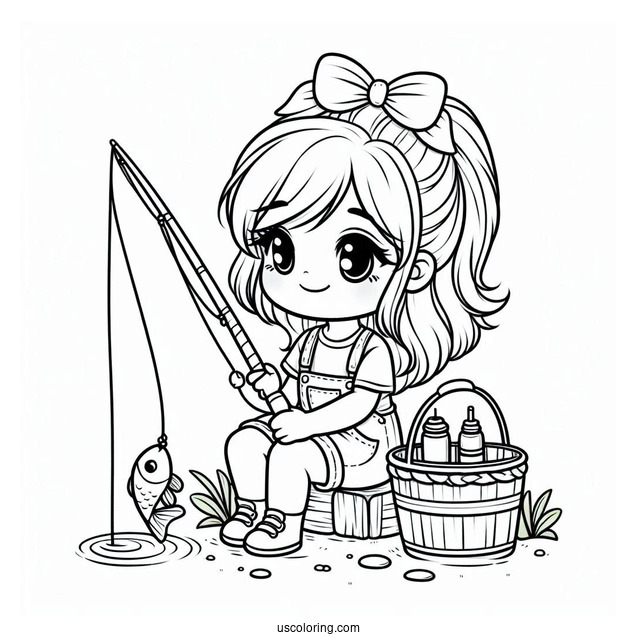 Little Girl Fishing Coloring Page For Kids