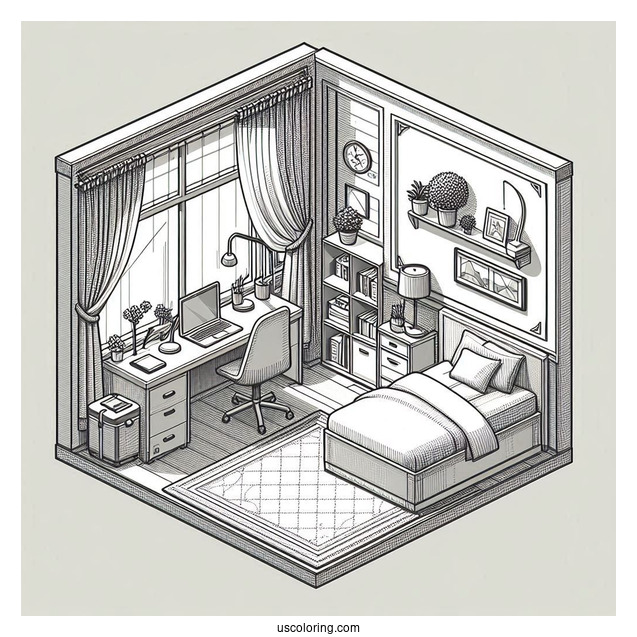 Small Isometric Bedroom Coloring Page With Study Desk And Balcony