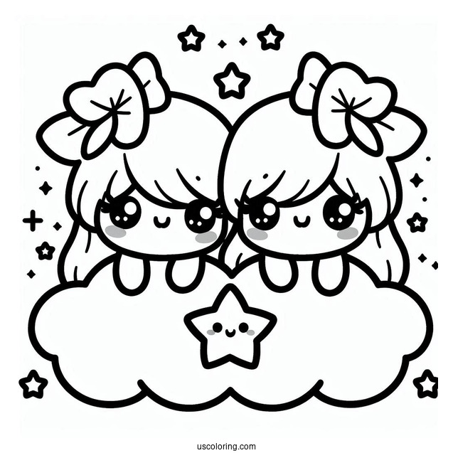 Kawaii Little Twin Stars On A Cloud Coloring Sheet