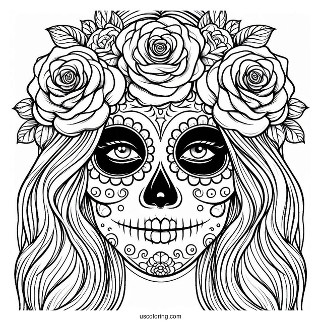 Smiling Female Sugar Skulls Coloring Page With Roses In The Eyes