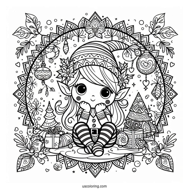 Cute Elf Sitting Inside A Christmas Mandala Coloring Page