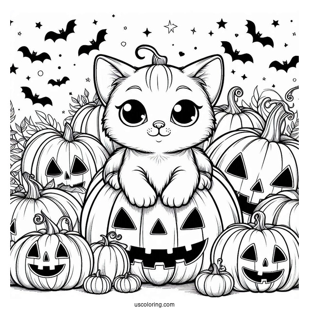 Pumpkin Coloring Page Of Cat Surrounded By Jack O Lanterns