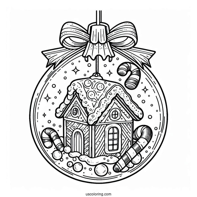 Gingerbread House And Candy Canes Inside Bauble Christmas Ornaments Coloring Page