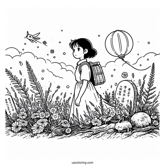 Studio Ghibli Coloring Page of Grave Of The Fireflies Setsuko On Seita's Back