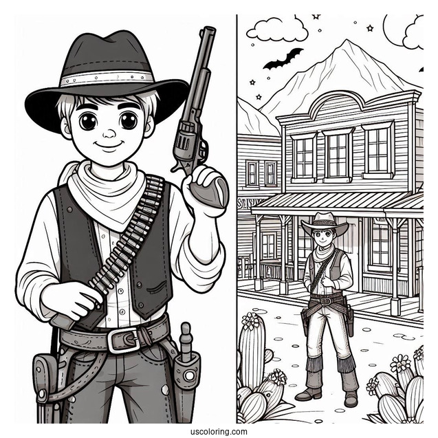 Cowboy Coloring Page Holding Gun In Old West Town