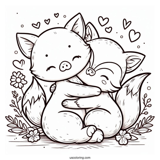 Cute Coloring Page Two Foxes Hugging A Pig