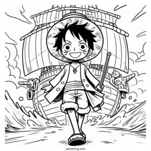 Luffy Coloring Page In Iconic Pose Standing In Front Of Going Merry Ship