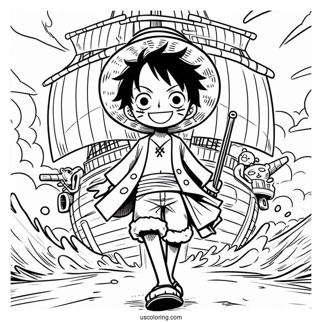 Luffy Coloring Page In Iconic Pose Standing In Front Of Going Merry Ship