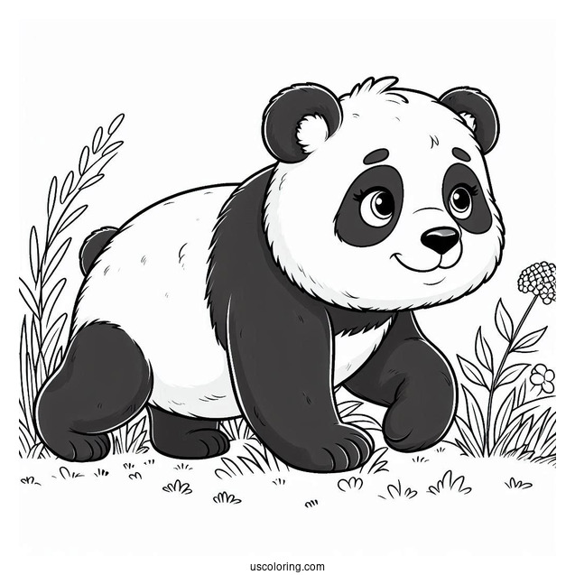 Giant Panda Walking On Grass To Color