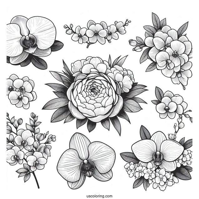 Flower Coloring Pages Of Classic White Peony, Orchid, Hydrangea, And Magnolia