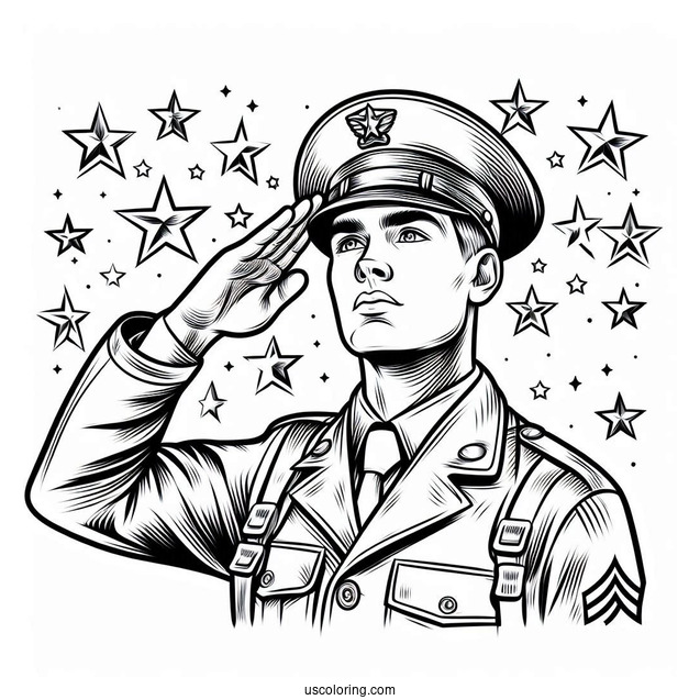 American Soldier Coloring Page Saluting With Stars In Background