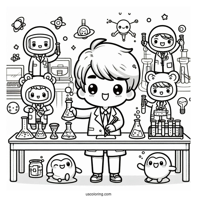 Science Coloring Page Of Kawaii Scientists Performing Lab Experiments For Kids