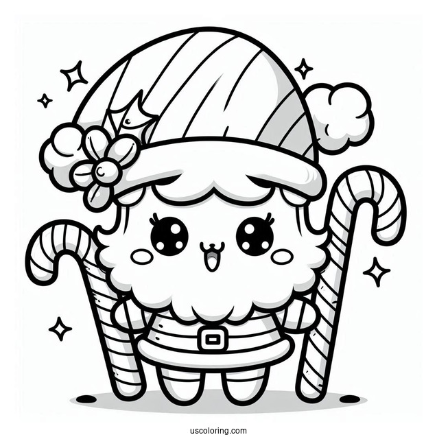 Kawaii Themed Santa With Candy Canes To Color