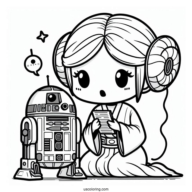 Chibi Princess Leia Recording Message Through R2-D2 Coloring Page