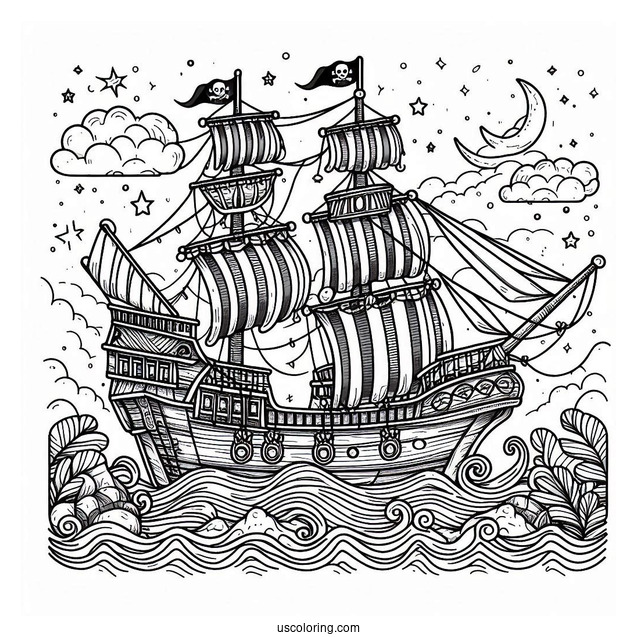 Detailed Kids Pirate Ship To Color