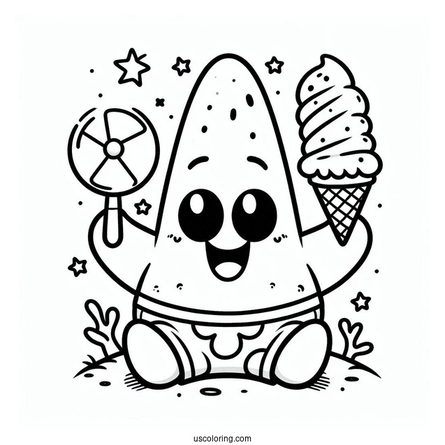 Cute Patrick Star Coloring Page Holding Fan And Ice Cream