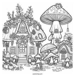 Tiny Houses And Pumpkins Growing On Top Of A Mushroom Coloring Page