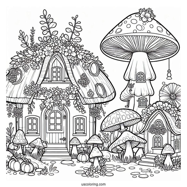 Tiny Houses And Pumpkins Growing On Top Of A Mushroom Coloring Page