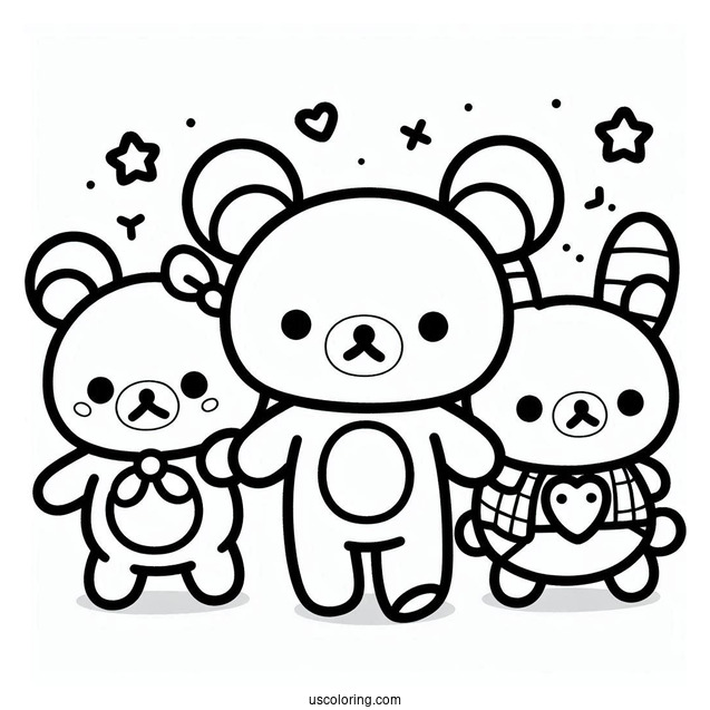 Simple Rilakkuma Coloring Page Outline With Kiiroitori, Korilakkuma, And Chairoikoguma For Preschoolers