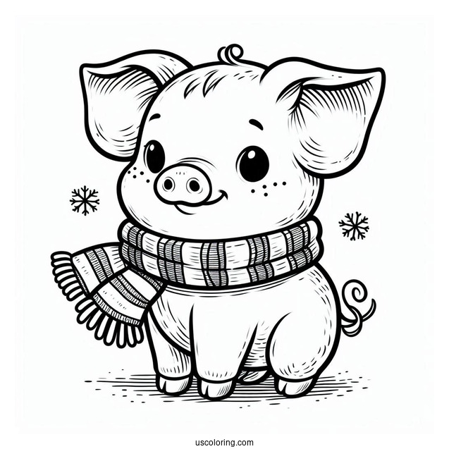 Piglet Coloring Page Wearing A Scarf in Winter