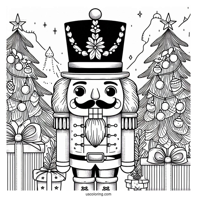 Detailed Nutcracker Coloring Page In Front Of Presents And Christmas Trees