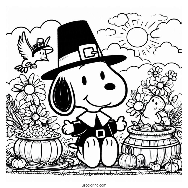 Pilgrim Coloring Page Snoopy And Woodpecker Celebrating Thanksgiving