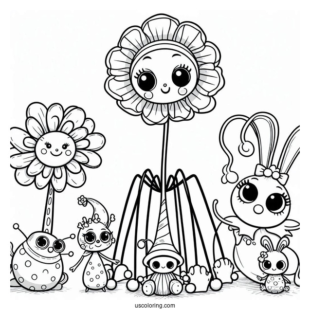 Poppy Playtime Coloring Page Of Mommy Long Legs, Huggy Wuggy, Kissy Missy, Poppy, Bron, Boogie Bot, And Bunzo Bunny