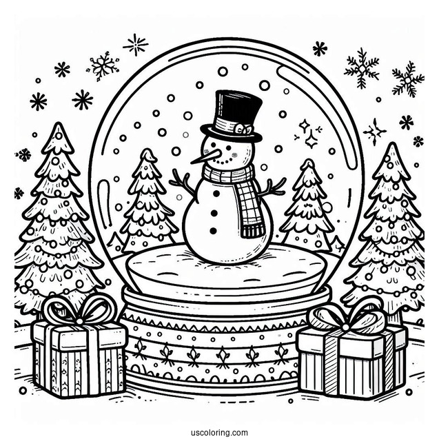 Snowman With Trees And Presents Snow Globe Coloring Page