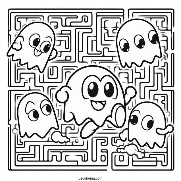 Inky, Blinky, Pinky, And Clyde Ghosts Chasing Pac-Man Coloring Page In Maze