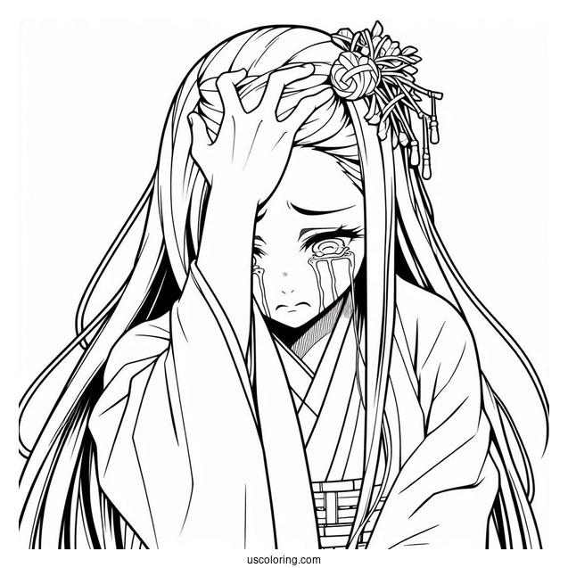 Nezuko Coloring Page Holding Head While Crying