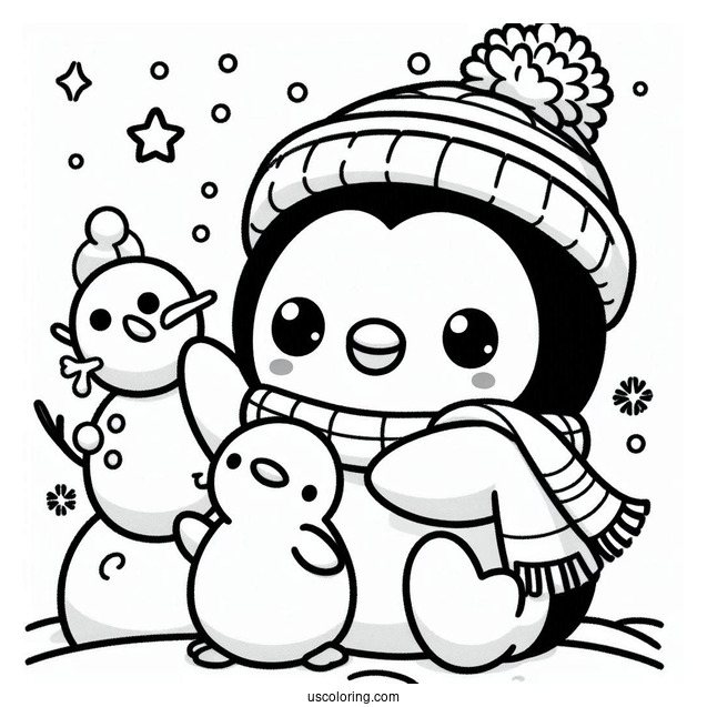 Pochacco Coloring Page And Penguin Making Snow Man For Kids