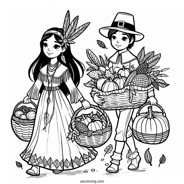 Girl Native American And Boy Pilgrim Coloring Page Carrying Harvest