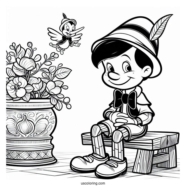 Pinocchio Coloring Page Of Happy Figaro Seated On The Table For Kids