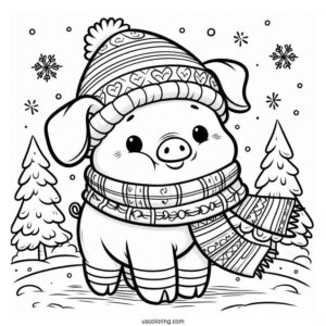 Piglet Coloring Page Wearing A Scarf in Winter